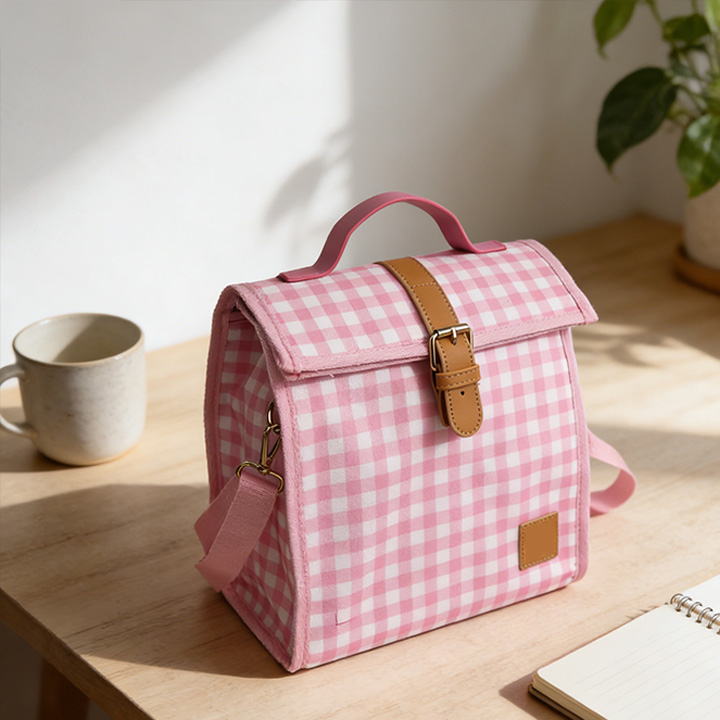 Blush Gingham Insulated Lunch Crossbody Bag