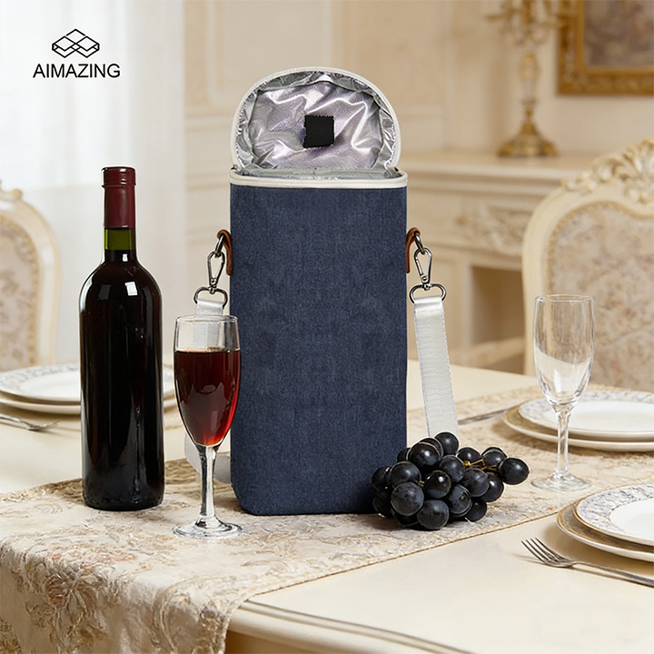 Compact Wine Carrier Insulated Shoulder Tote（BlueGray）