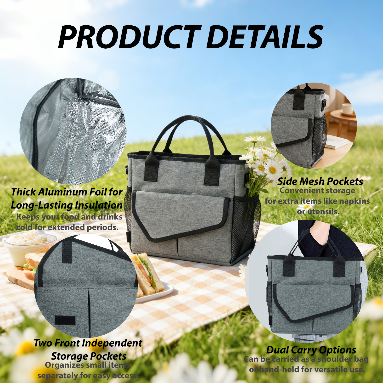Dual-Pocket Structured Picnic Insulated Cooler Tote Bag