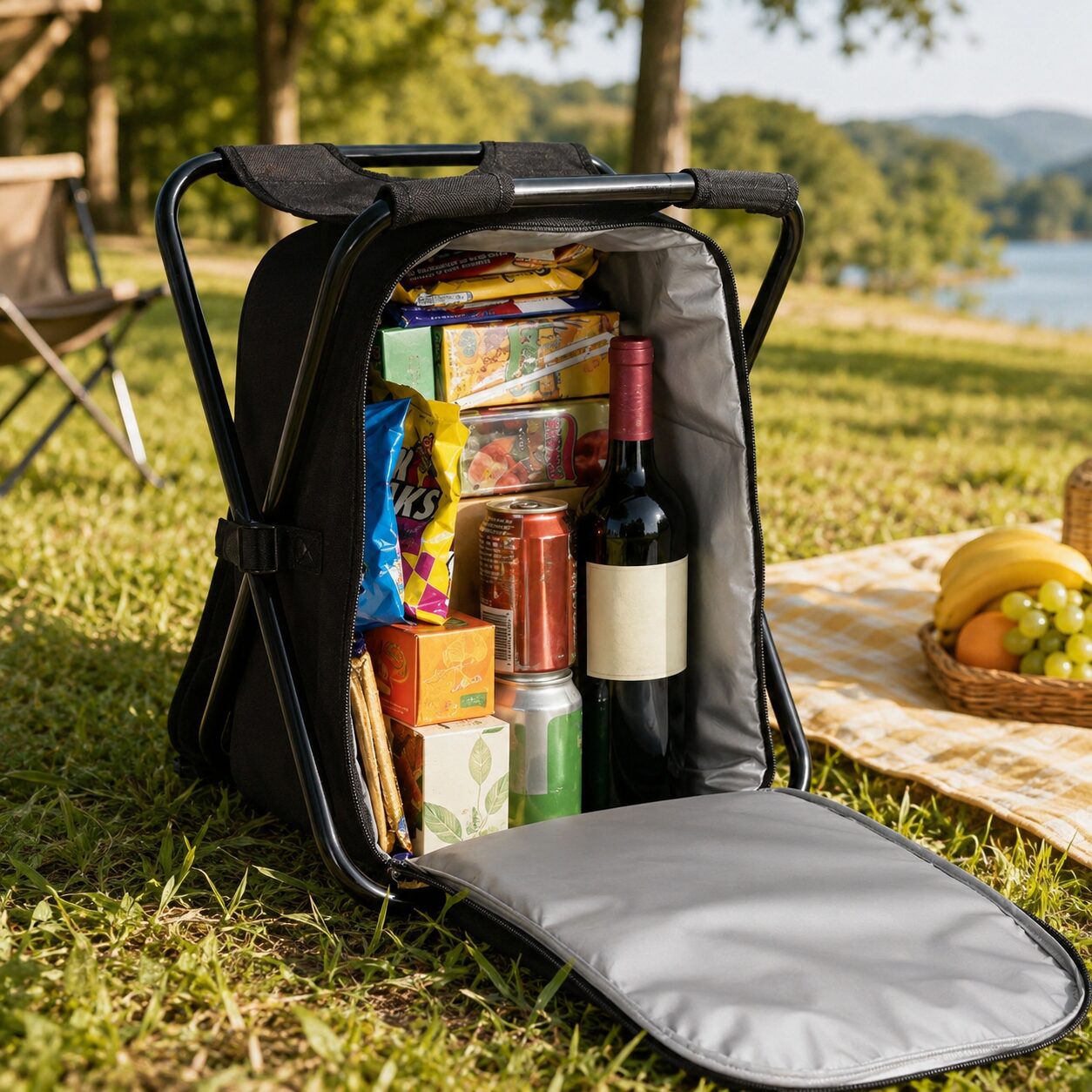 Folding Chair Frame Backpack Insulated Picnic Cooler Bag