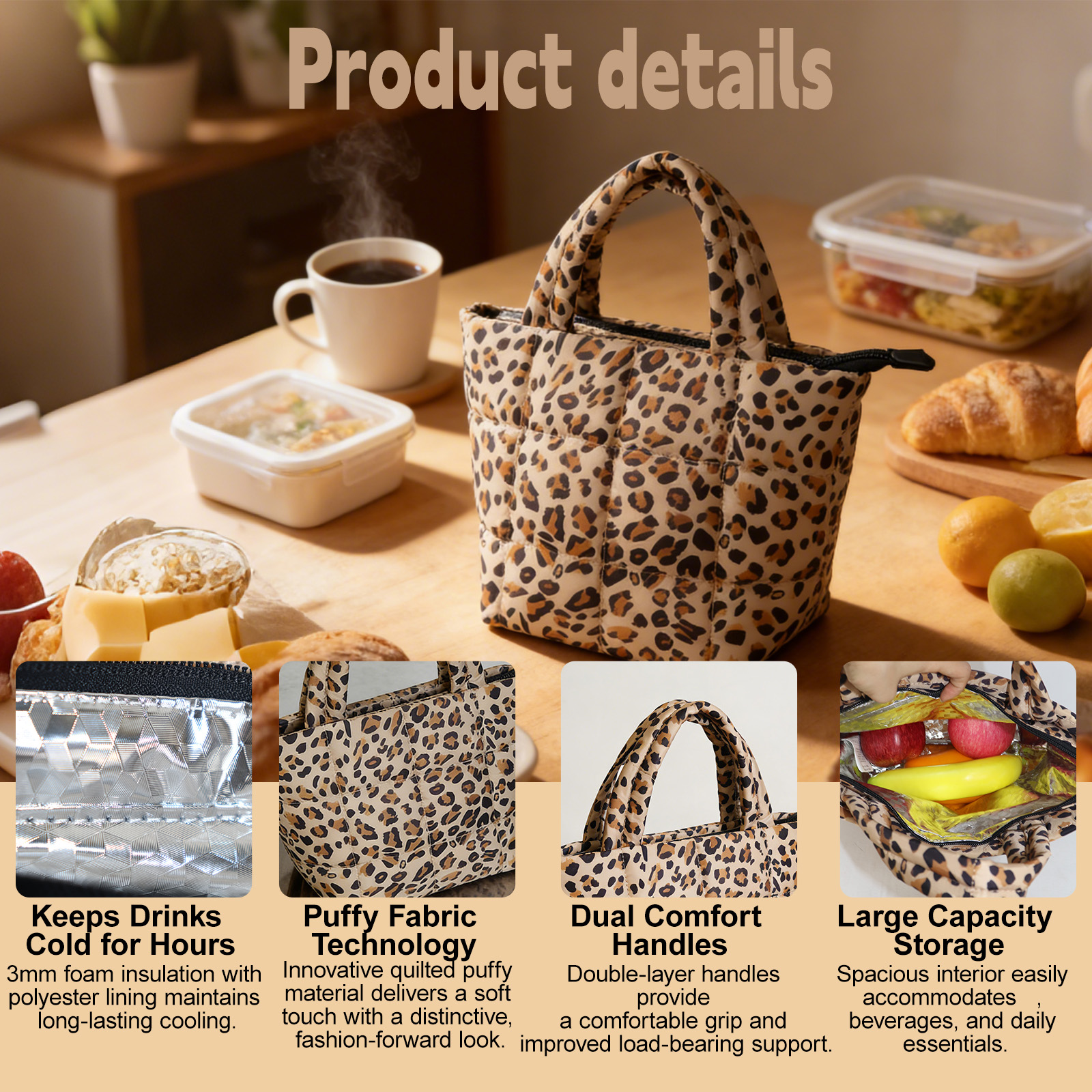 Leopard Puffy Insulated Cooler Tote Bag