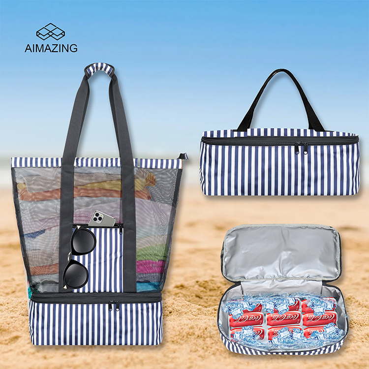Mesh Beach Insulated Cooler Tote Bag with Dual Compartments