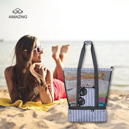 Mesh Beach Insulated Cooler Tote Bag with Dual Compartments