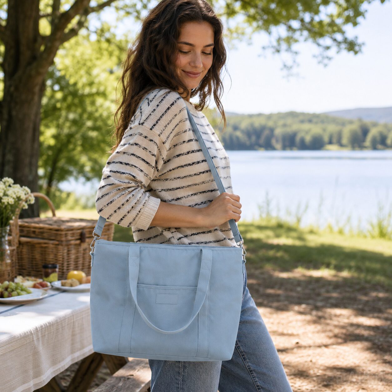 Striped Canvas Insulated Picnic Tote Cooler Bag (Blue)