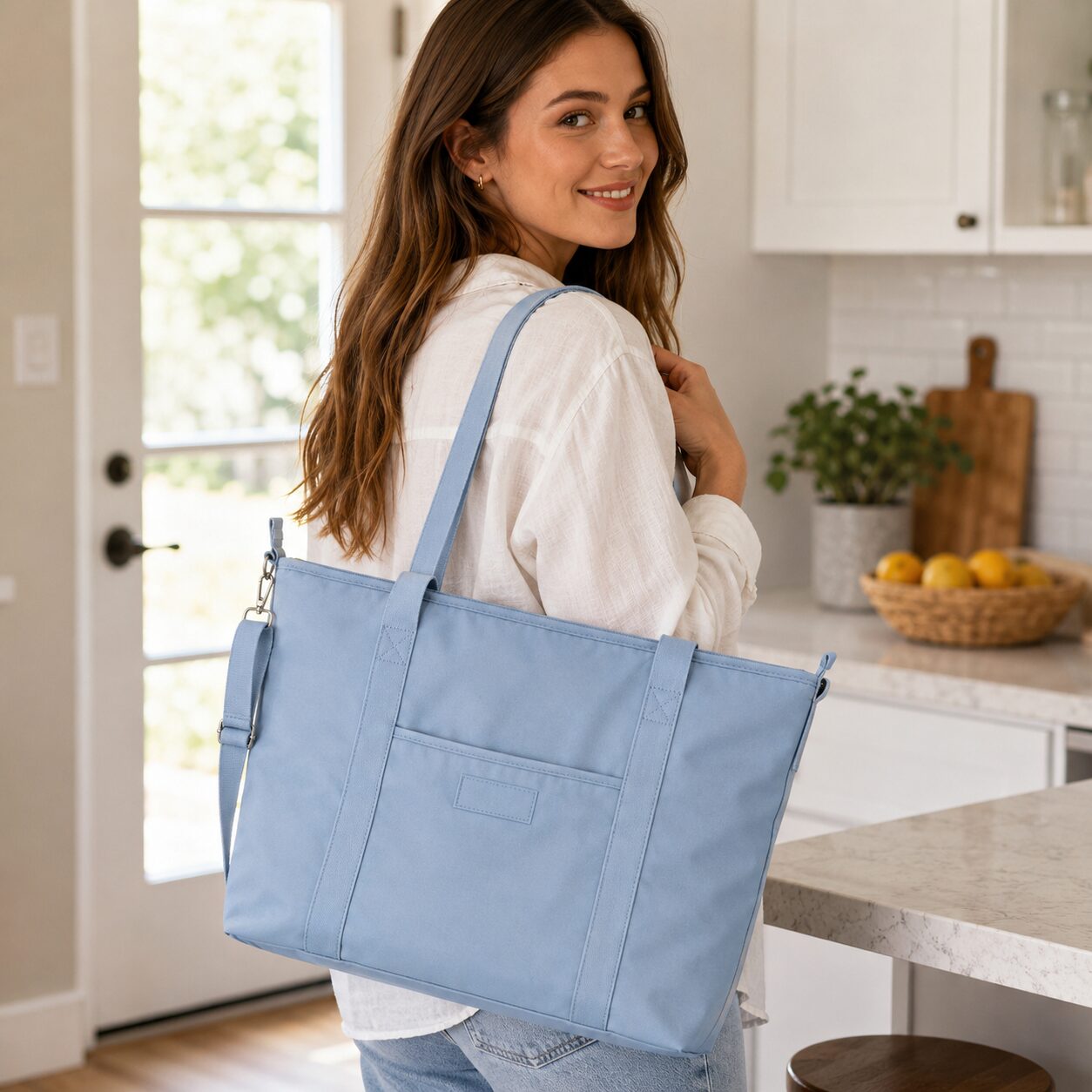 Striped Canvas Insulated Picnic Tote Cooler Bag (Blue)