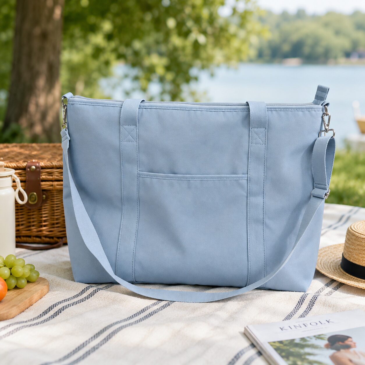 Striped Canvas Insulated Picnic Tote Cooler Bag (Blue)