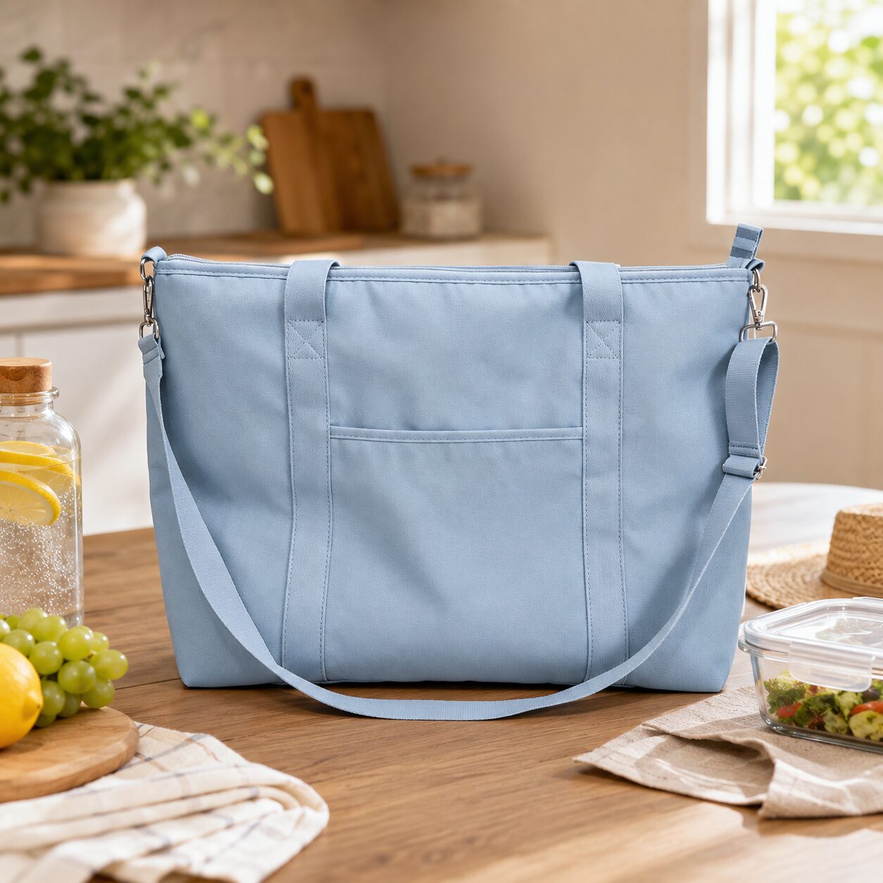 Striped Canvas Insulated Picnic Tote Cooler Bag (Blue)