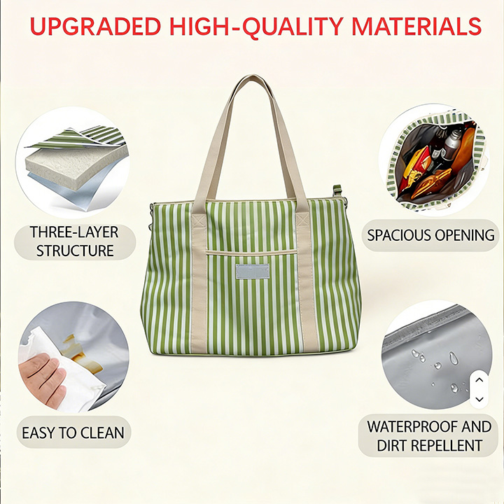 Striped Canvas Insulated Picnic Tote Cooler Bag (Green)