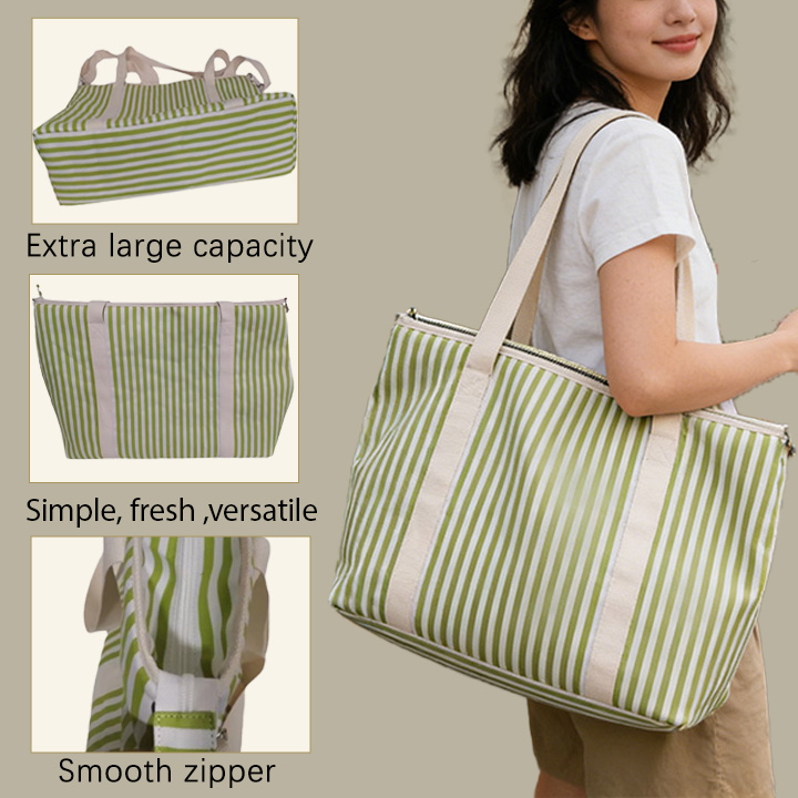 Striped Canvas Insulated Picnic Tote Cooler Bag (Green)
