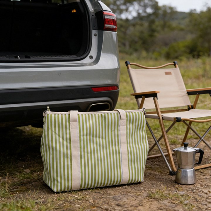 Striped Canvas Insulated Picnic Tote Cooler Bag (Green)