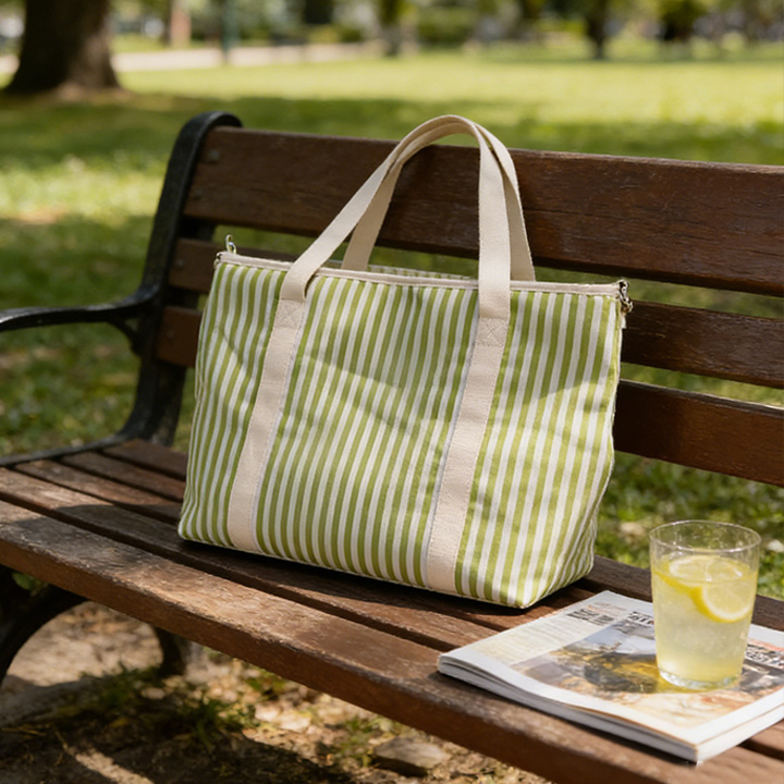 Striped Canvas Insulated Picnic Tote Cooler Bag (Green)
