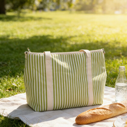 Striped Canvas Insulated Picnic Tote Cooler Bag (Green)