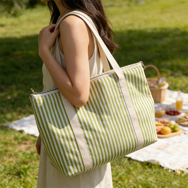 Striped Canvas Insulated Picnic Tote Cooler Bag (Green)